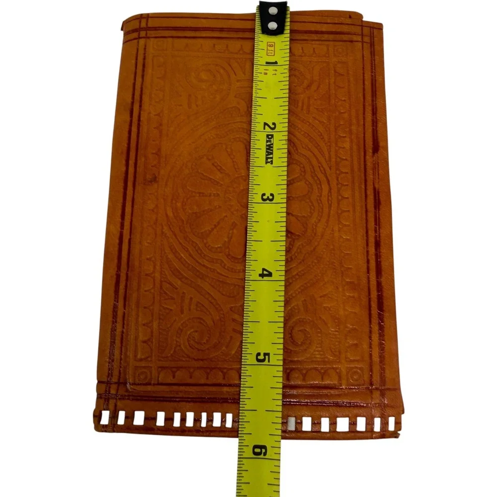 Vintage Hand Tooled Leather Wallet Tan Boho Floral Embossed Whipstitch Good